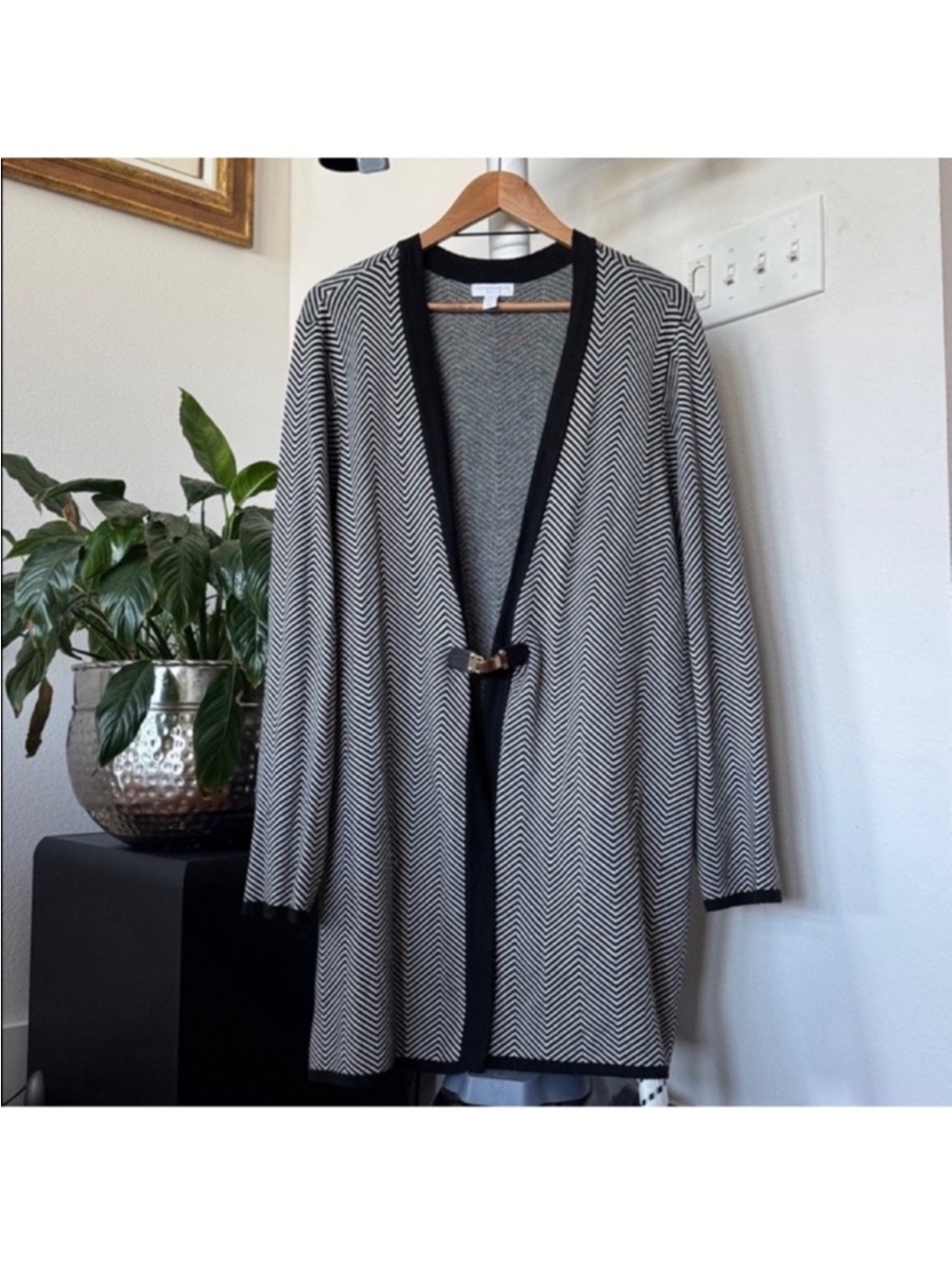 Charter Club Plus Black White Long Sweater Cardigan Sz 3X Gold Buckle Duster